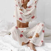 Christmas Teddy Bear Pattern Women's Long Sleeve Cotton Homewear Set