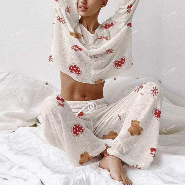 Christmas Teddy Bear Pattern Women's Long Sleeve Cotton Homewear Set