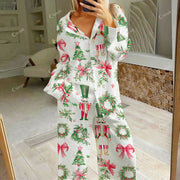Women's Merry Christmas Bow Print Cotton Cardigan Homewear Set