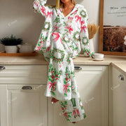 Women's Merry Christmas Bow Print Cotton Cardigan Homewear Set