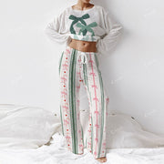 Green Bow Crop Top & Pants Women's Long Sleeve Cotton Homewear Set