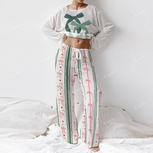 Green Bow Crop Top & Pants Women's Long Sleeve Cotton Homewear Set