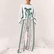 Green Bow Striped Women's Print Long Sleeve Pajama Set