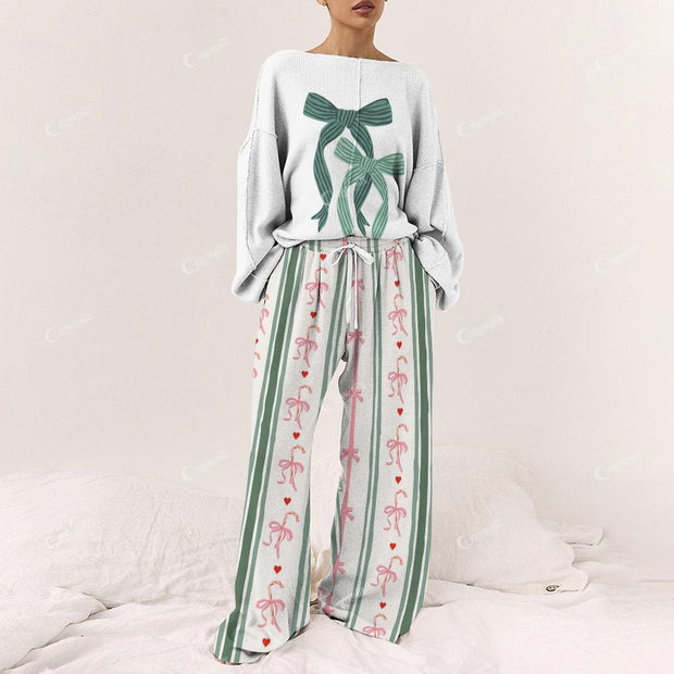 Green Bow Striped Women's Print Long Sleeve Pajama Set