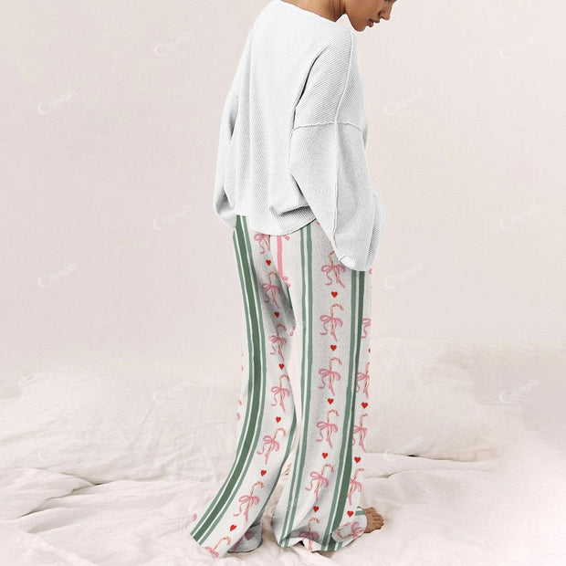 Green Bow Striped Women's Print Long Sleeve Pajama Set