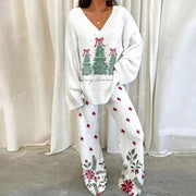 Christmas Tree Floral Pattern Loungewear Set For Women