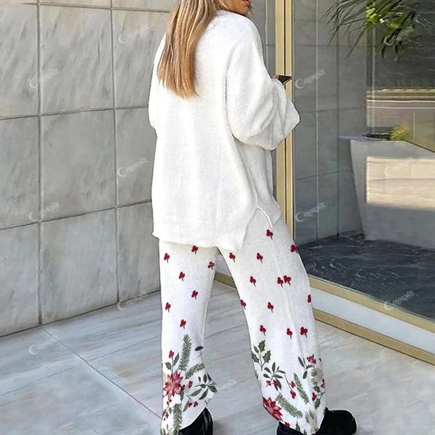 Christmas Tree Floral Pattern Loungewear Set For Women