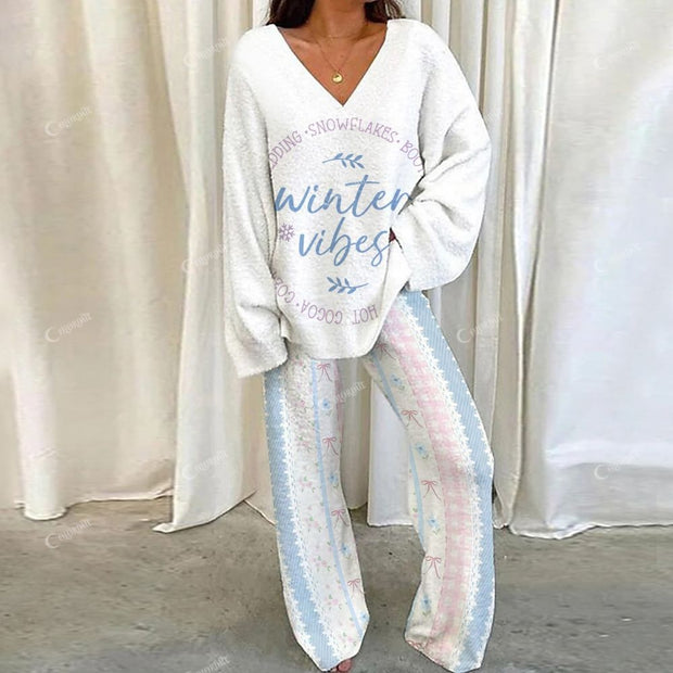"Winter Vibes" Pattern Loungewear Set For Women