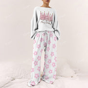 Women's Merry Christmas Little Flower Print Long Sleeve Pajama Set