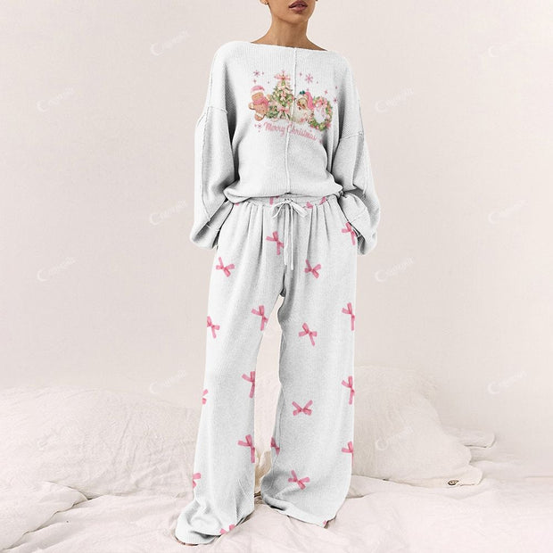 Women's Christmas Gingerbread With Bow Print Long Sleeve Pajama Set