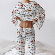 Colordate Women's Singing Santa Claus Pattern Print Long Sleeve Cotton Homewear Set