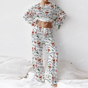 Colordate Women's Singing Santa Claus Pattern Print Long Sleeve Cotton Homewear Set