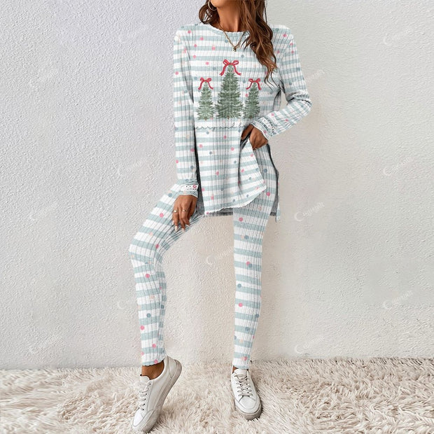 Women's Christmas Polka Dot Tree Long Sleeve Suit