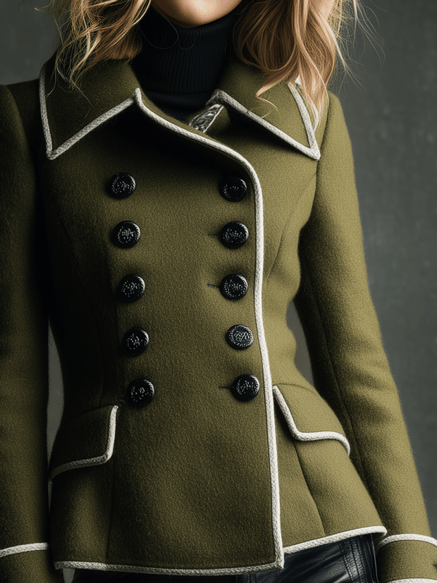 Retro Double-Breasted Wool Contrast Piping Jacket