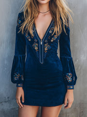 Boho V-Neck Midnight Blue Embroidered Velvet Zipper Mini Dress