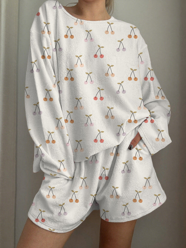 Colorful Cherry Printed Long-Sleeved Shorts Loungewear Set