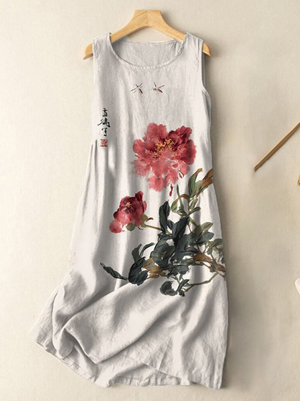 Vintage Japanese Ink Flower Calligraphy Art Print Sleeveless Cotton And Linen Midi Dress