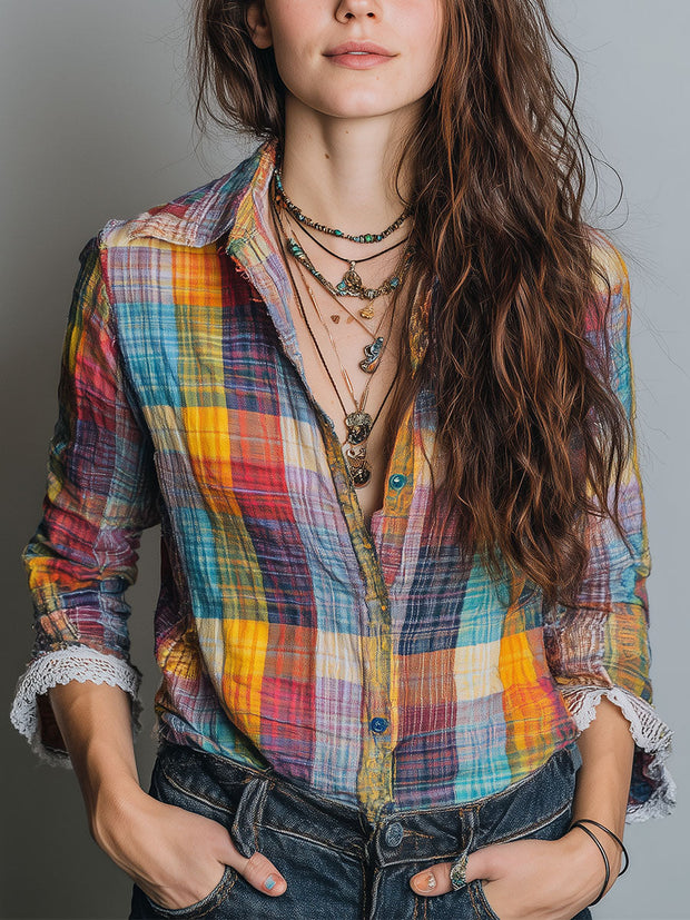 Colorful Plaid Print Lace Panel Blouse