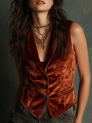 Casual Vintage Caramel Brown Velvet Vest