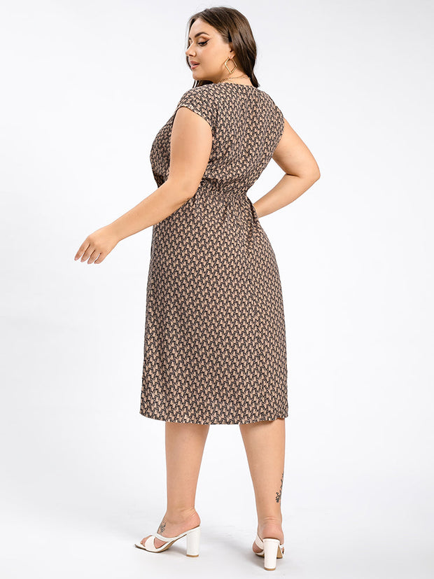 Plus Chain Print V-Neck Knot Front  Midi Dress