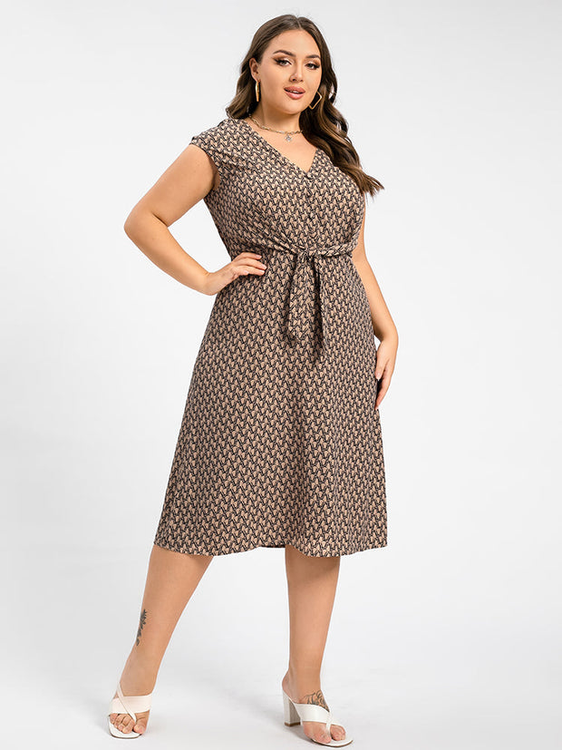 Plus Chain Print V-Neck Knot Front  Midi Dress