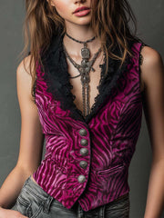 Vintage Magenta Velvet Animal Print Lace Collar Metal Button Vest