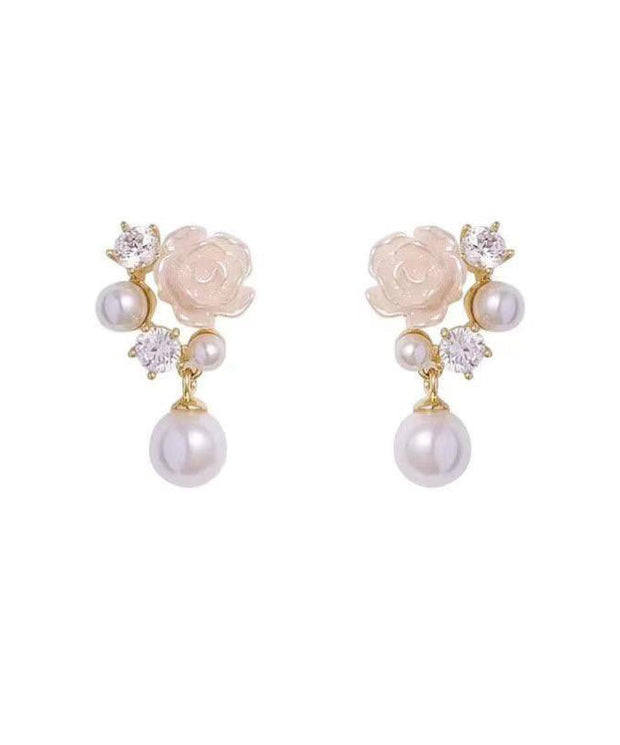 Stylish White Rose Flower Micro-Set Pearl Earrings