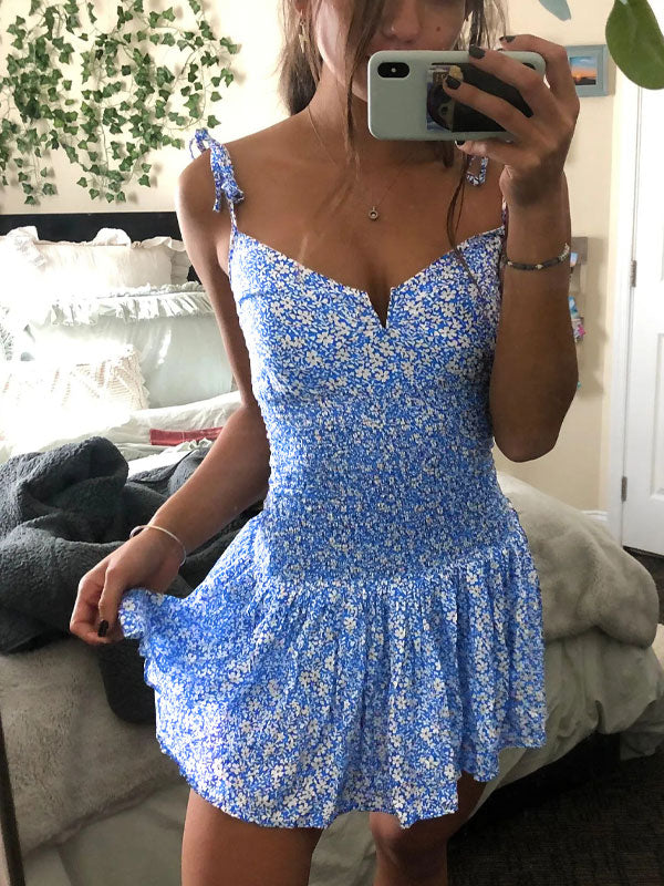 Tie up printing mini dress