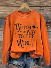 Women's Halloween Witch Way To The Wine Print Sweatshirt