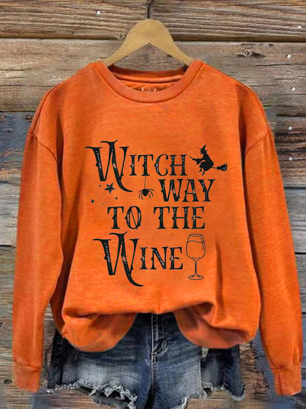 Women's Halloween Witch Way To The Wine Print Sweatshirt