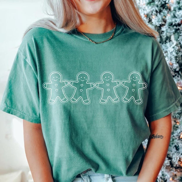 Christmas  Gingerbread Man Washed Cotton Crew Neck T-Shirt