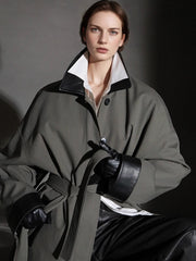 Barn-Style Chic Lambskin Leather Collar Trench Coat for Women – Gender-Neutral Long Autumn Overcoat with Unique Design