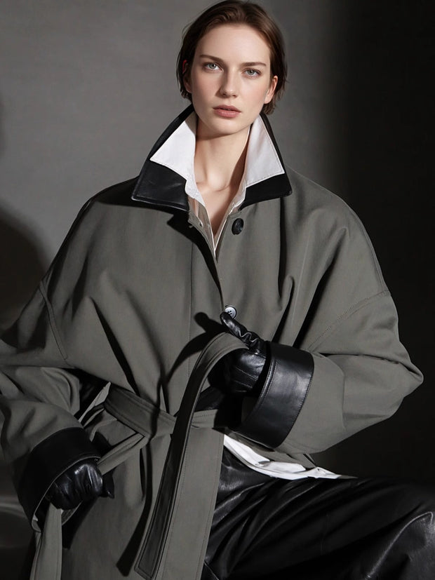 Barn-Style Chic Lambskin Leather Collar Trench Coat for Women – Gender-Neutral Long Autumn Overcoat with Unique Design