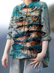 Women's Casual Fish Print Cotton And Linen Shirt