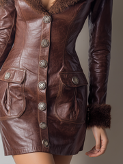 Retro Faux Fur Collar Eco-leather Mini Dress