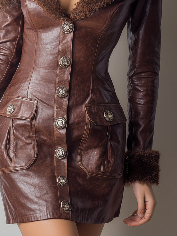 Retro Faux Fur Collar Eco-leather Mini Dress