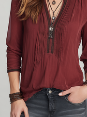Vintage Contrast Trim Pleated Long Sleeve Henley Shirt