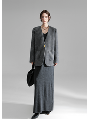 Nordic Striped Wool Blazer for Women – Elegant V-Neck Suit Jacket with Metal Buckle and Structured Shoulders, Fall Office Wear