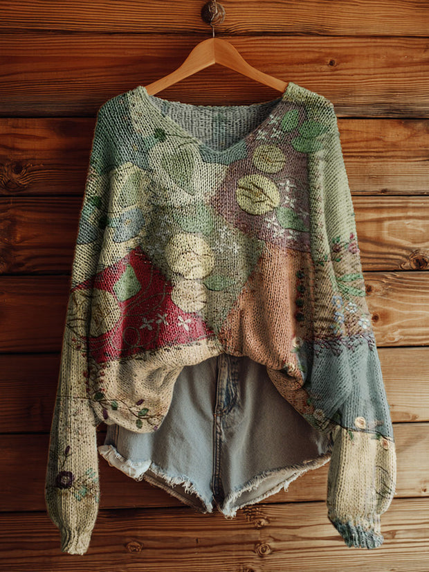 Women's Retro Ethnic Patchwork Art Casual Pullover Sweater