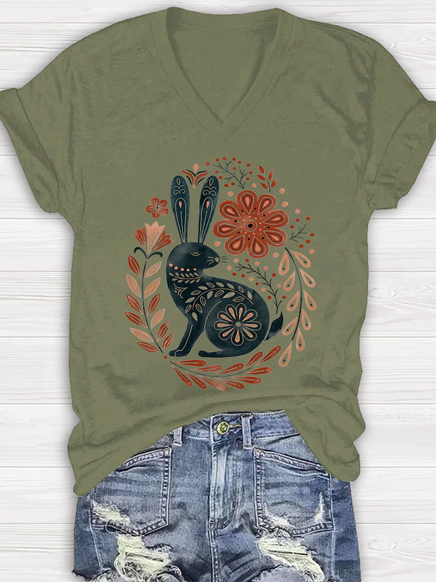 Rabbit Printed V-neck Women's T-shirt