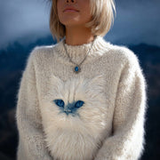Pretty Fuzzy Cat Embroidered Soft Cozy Knit Sweater