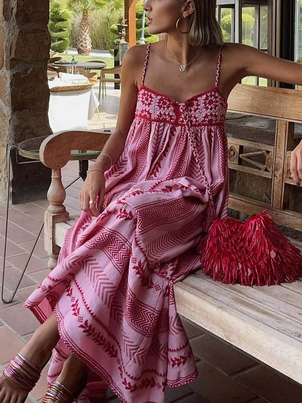 Ethnic Style Crochet Patchwork Slip Maxi Dress