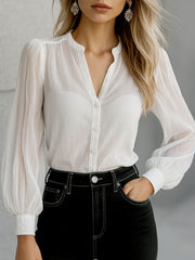 Chic Crew Neck Sheer Sleeves Button Down Shirt