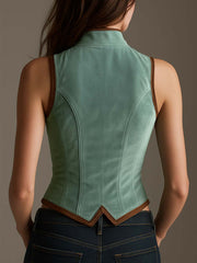 Sage Velvet And Contrast Leather Trim Slim Fit Vest