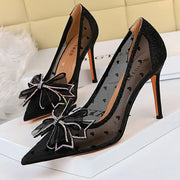 Shoes Bow-knot Women Pumps Mesh Hollow High Heels Rhinestone Stiletto Women Heels Sexy Party Shoes Women Sandals 2022