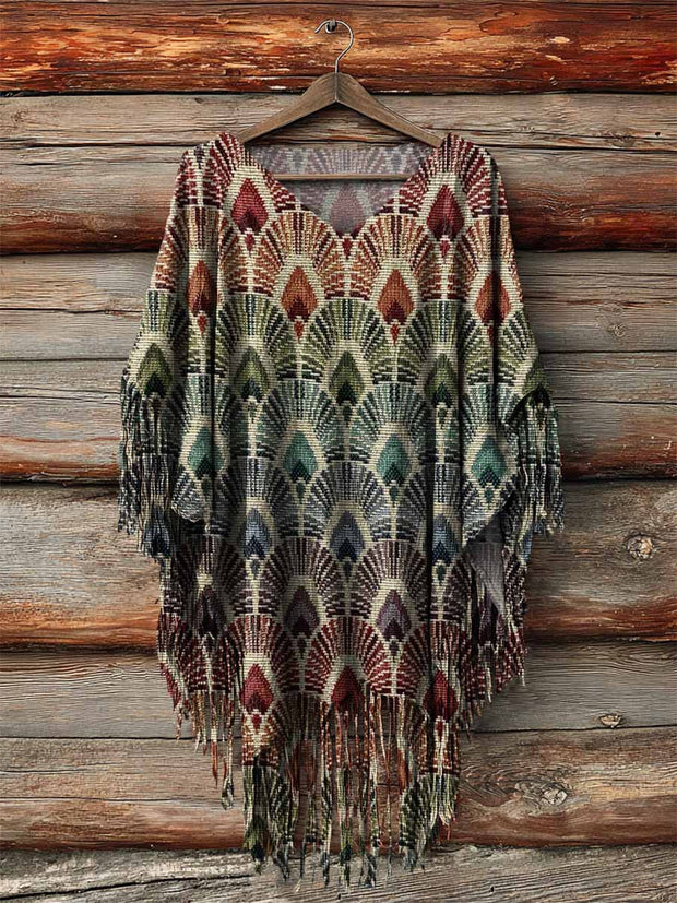 Women's Retro Ethnic Totem Print Tassel Fringed Poncho Dress