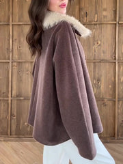 Brown Oversized Coat With White Faux Fur Collar