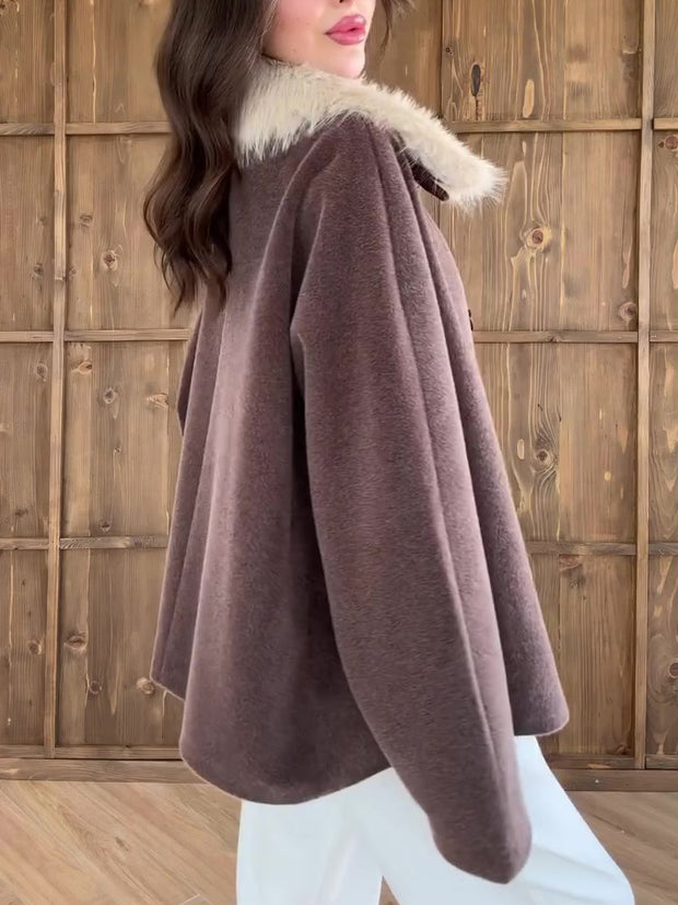 Brown Oversized Coat With White Faux Fur Collar