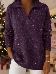 Christmas Party Polo Collar Shiny Loose Sweater Top