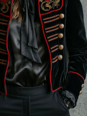 Retro Black Velvet Embroidered Gold Buttons Military Jacket